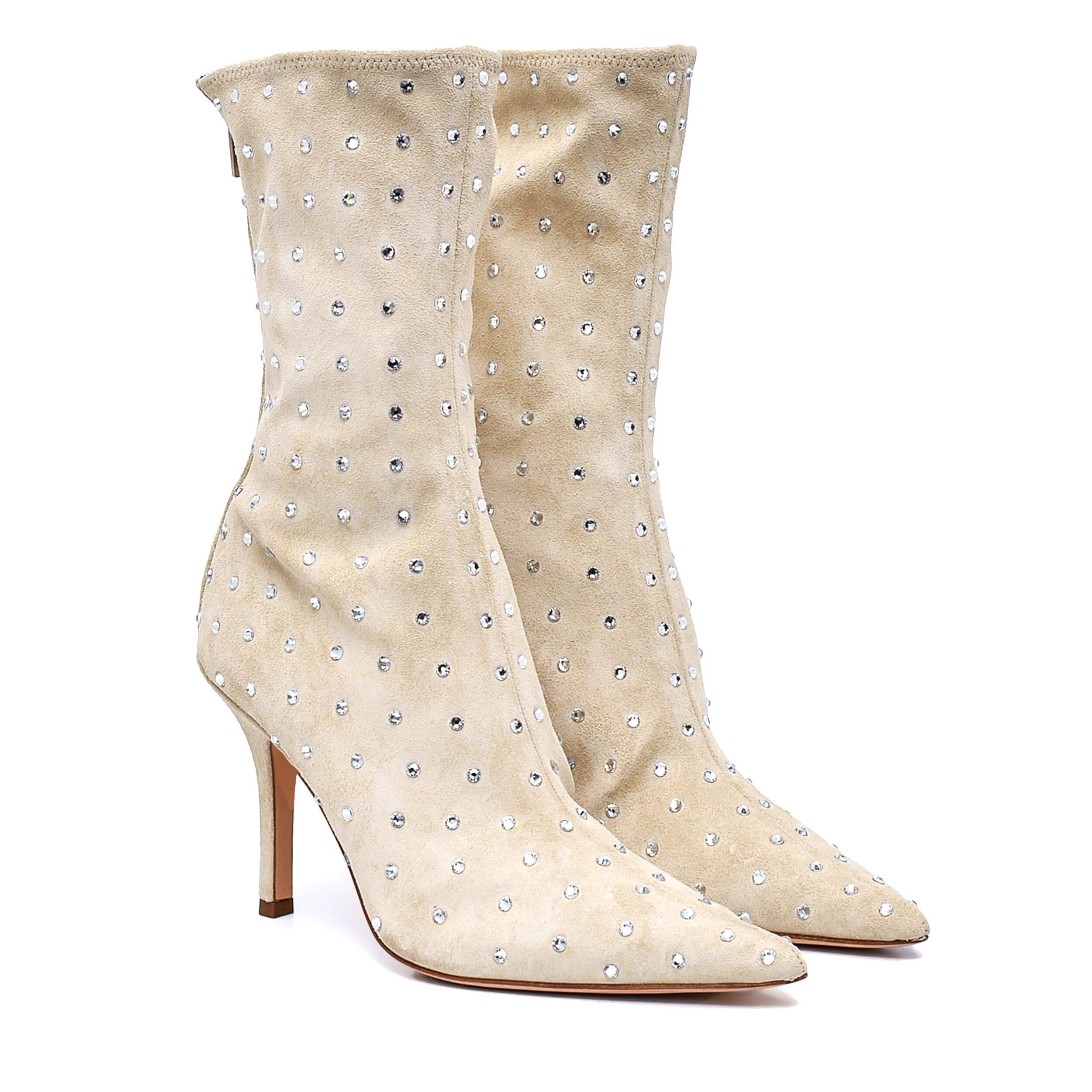 Paris Texas - Ivory Suede Crystal Embellished Stretch Boot / 38